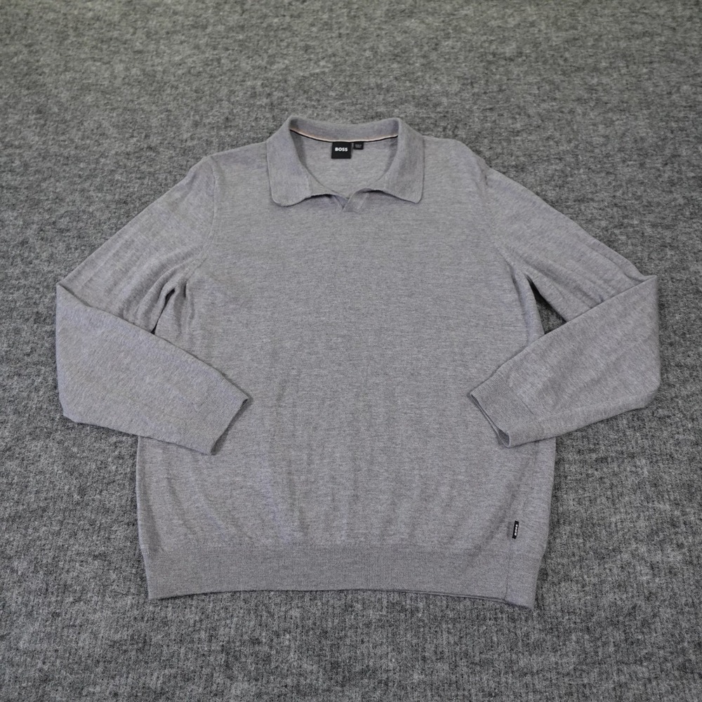 BOSS Hugo Boss Enord Wool Polo Sweater Mens XXL Gray Long Sleeve Casual